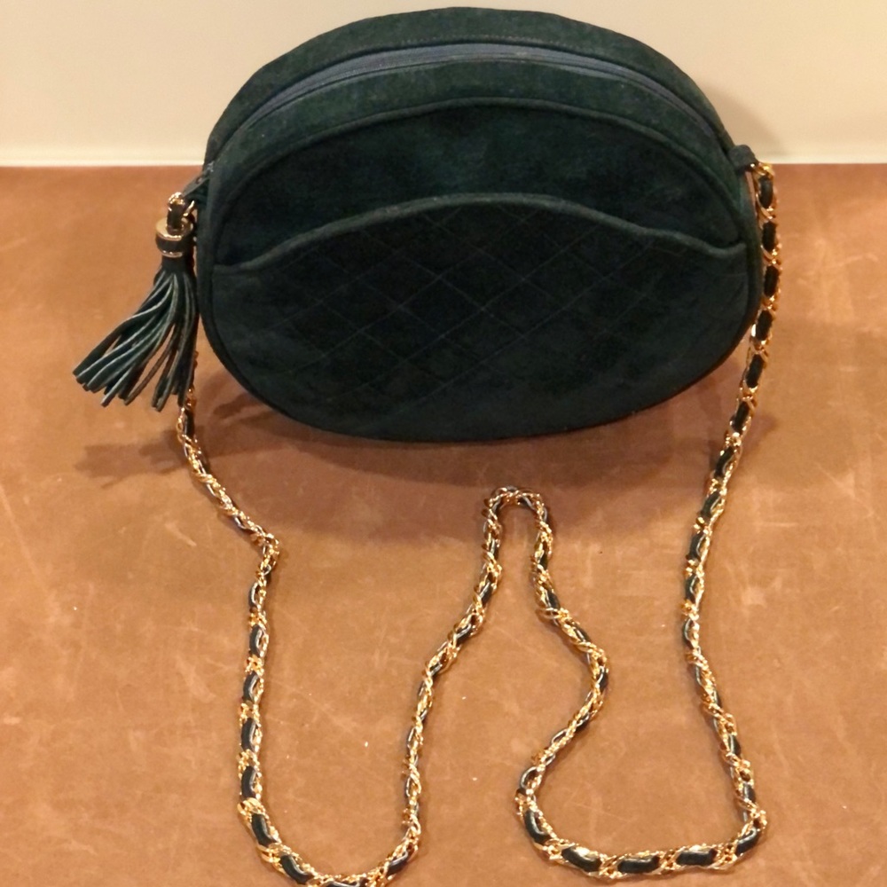 Lisette New York Trapunto Green suede handbag with strap